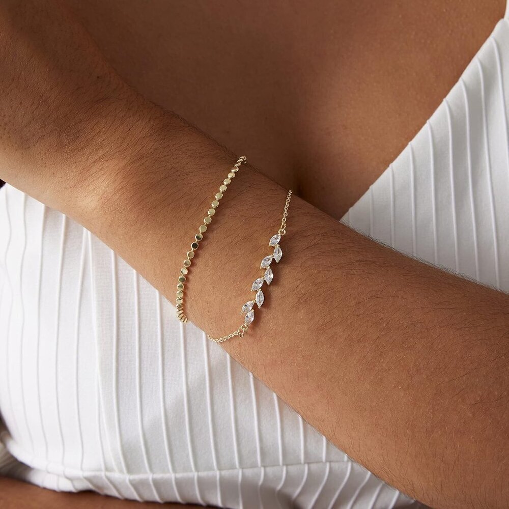 Dainty Layered Bracelets Set Gold Plated Beaded CZ Gift for Women - Picture 5 of 9
